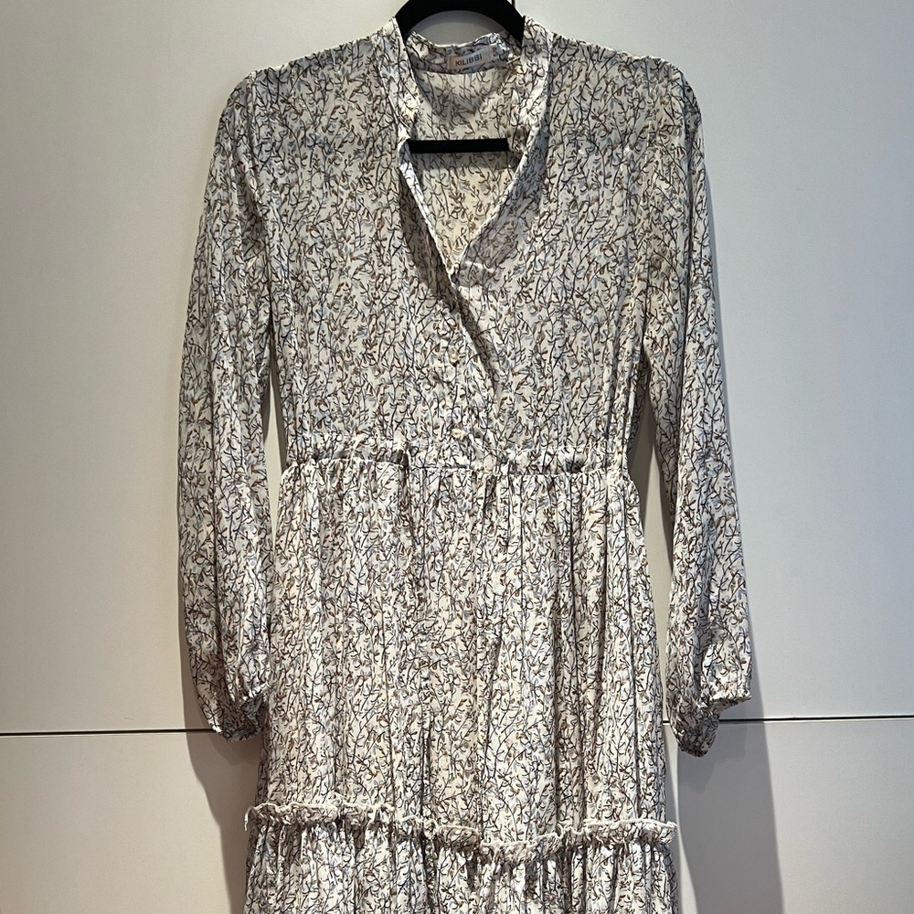 Silver Sequin Tiered Maxi Dress with Notched Collar